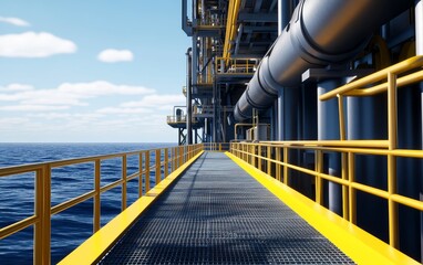 Industrial walkway on offshore platform overlooking calm ocean with bright blue sky and clouds