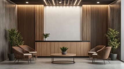 A refined business waiting lounge with wooden aesthetics, chic seating, and an empty wall for a logo design