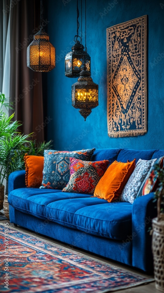 Poster a striking living room showcases a deep blue wall adorned with intricate lanterns, a plush sofa with