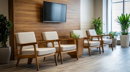 A sleek wooden office lounge with a row of armchairs and a TV, designed for visitor relaxation.