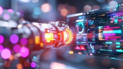 Futuristic Business Analytics Dashboard Glowing on a Screen with Abstract Geometric Patterns and Colorful Data Visualizations in Blue Purple and Orange Hues