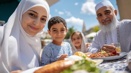 Happy Muslim Family Enjoying Meal Outdoors on Sunny Day