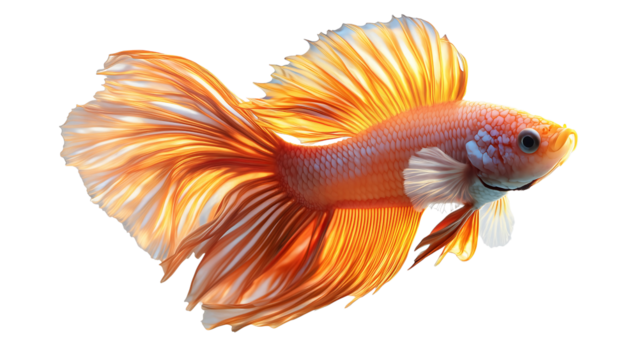an orange and white betta fish with flowing fins, isolated on a white background. The fish is swimming with its tail fanned out, showcasing its vibrant colors and intricate patterns