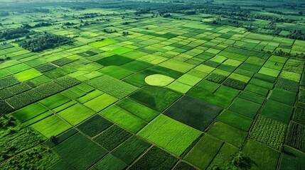 Aerial view of patchwork farmland, green fields, rural landscape, agricultural scene, used for farming illustration