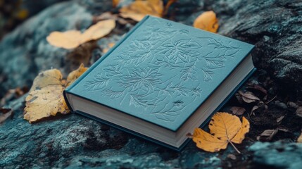 Dark Blue Book With Embossed Floral Design on Rocks and Autumn Leaves