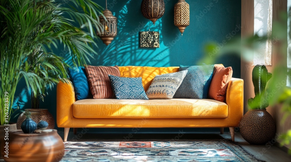 Poster Sunlight filters through the window, casting playful shadows on a cozy yellow sofa adorned with colorful cushions