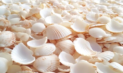 A close-up view of a sandy beach covered with various seashells, showcasing their textures and colors