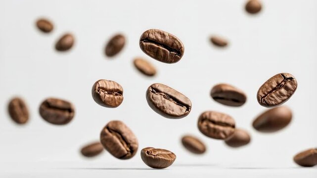 Freshly roasted coffee beans floating in mid-air on a light background creating a dynamic and inviting atmosphere for coffee lovers