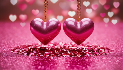 Fototapeta premium Valentine's day decor with pink hanging heart, Romantic Valentine's Day Background with Hanging Hearts and Lace, Happy Valentine's Day 2025, created with generative ai