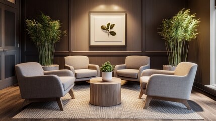 A warm and inviting waiting room with chocolate walls, soft gray armchairs, and natural wood decor
