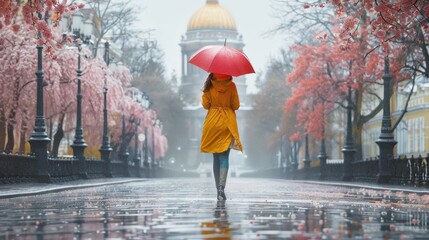 Woman in a yellow raincoat holding a red umbrella walking through a rainy, cherry blossom-lined street