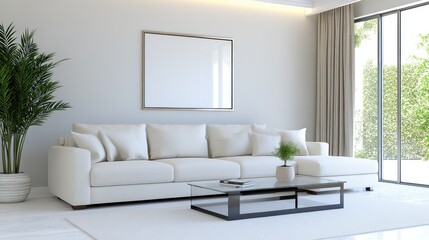 Fototapeta premium Minimalist living room with white sofa, glass table, and potted plants, showcasing modern interior design and natural light.