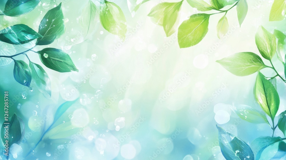 Poster Lush green leaves create a tranquil and refreshing atmosphere with a soft, dreamy background filled with light. Generative AI