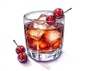 Watercolor Illustration of Old Fashioned Cocktail in Rocks Glass with Luxardo Cherry on White Canvas