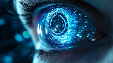 An image of human eye with futuristic background. Futuristic android control human cyborg. Robot is security technology that can be used to create a network of dnas. A representation lifestyle of a.