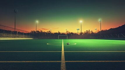 Sunset soccer field, ball at center, stadium lights, game prep