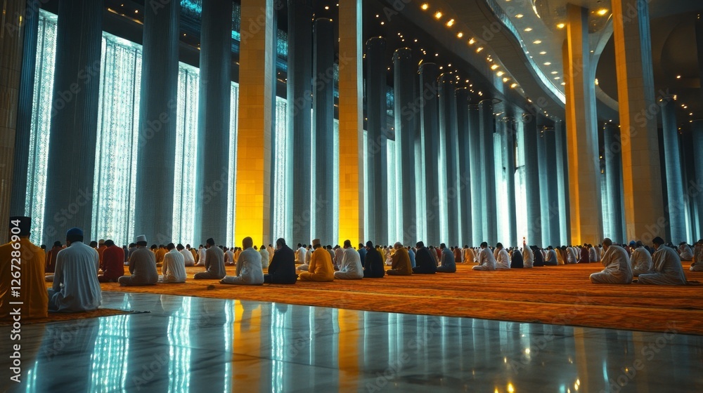 Poster a large group of muslims gather in unity for prayer inside istiqlal mosque, jakarta, surrounded by s