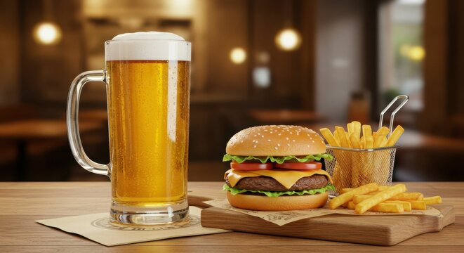 Classic cheeseburger with golden fries and a beer mug in a cozy restaurant setting - Powered by Adobe