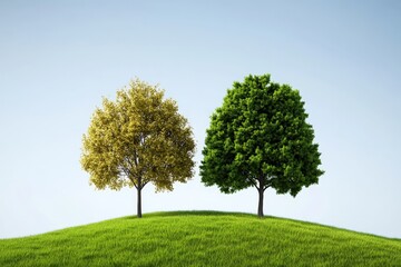 Obraz premium Contrasting trees on a grassy hill one lush and green the other bare and dry symbolizing environmental change seasons and climate impact in a nature focused landscape composition