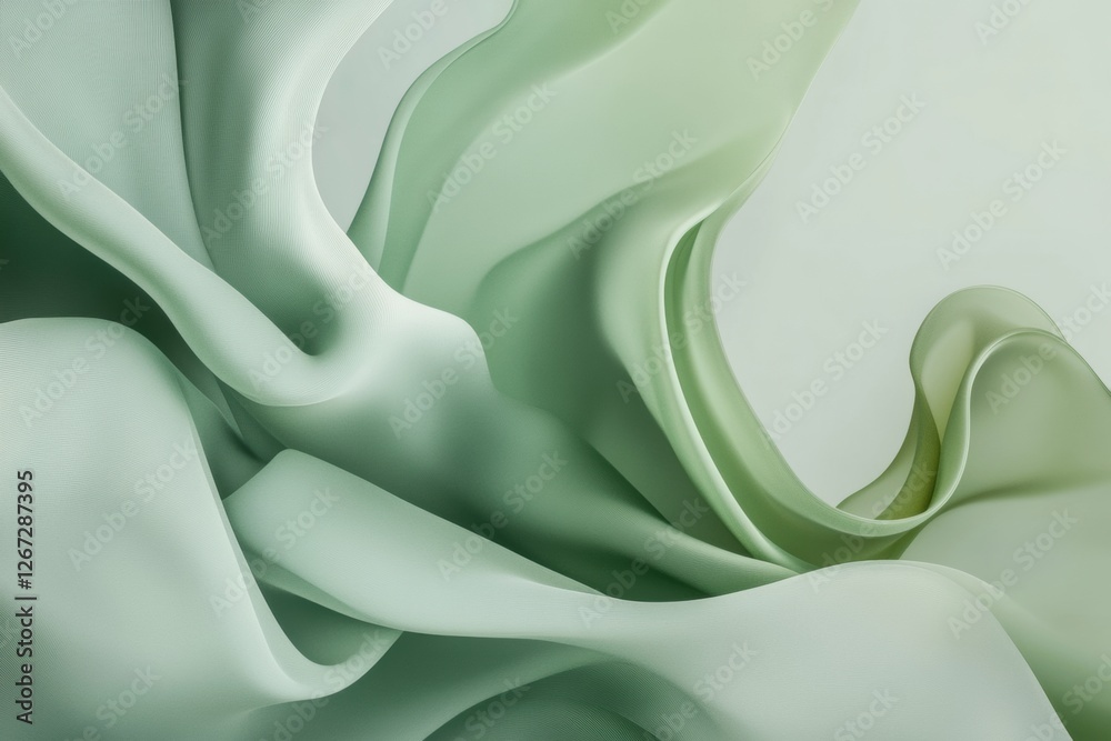 Poster soft green fabric flows gracefully with gentle curves and layers, creating an elegant visual effect 