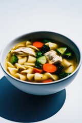 Warm bowl of chicken noodle soup with vibrant vegetables and com