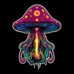 Colorful glowing psychedelic mushroom with light beam for decoration, sticker, tattoo and prints