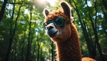 Obraz premium Alpaca with sunglasses enjoying sunlight in the greenery forest