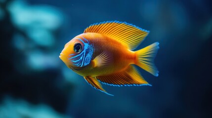 Obraz premium Orange tropical fish swimming in blue aquarium, underwater scene, nature, pet
