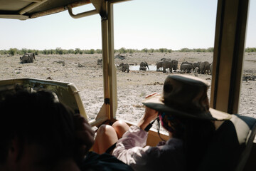 People sitting in the safari car near watering hole and watching group of elephants bathing and drinking water in the savannah in the Namibian Etosha National Park.
