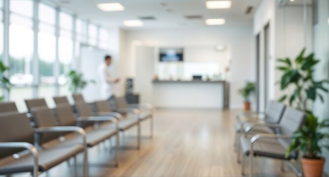 Blurred waiting room for patients with doctor appointment in modern health clinic in private practice hospital.