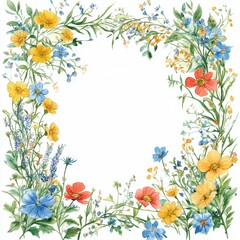 Fototapeta premium Vintage Square Frame Adorned with Watercolor Meadow Blooms - A Botanical Background for Summer and Spring Celebrations