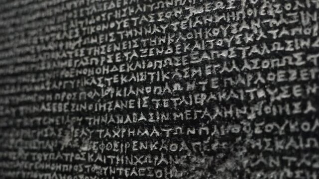 The Rosetta Stone, ancient stele inscribed with three scripts, key to deciphering Egyptian hieroglyphs. Macro close-up footage. Exhibit in museum.