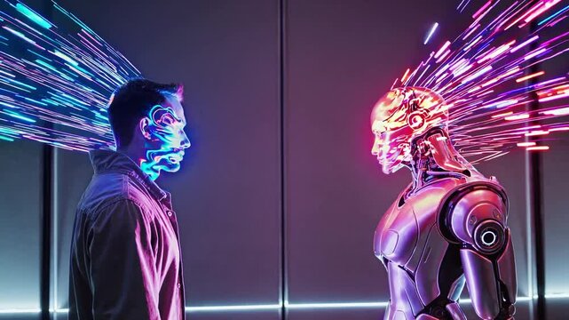 Futuristic 3D animation of a human and a robot engaged in deep conversation, with glowing light streams connecting their minds, symbolizing mutual understanding, trust, AI interaction, and advanced te