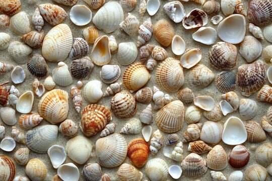 Mixed seashells on soft white surface. Neural network AI generated