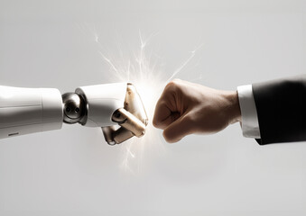 A human hand in a business suit fist-bumping a white ai robotic hand, with sparks of light at the point of contact on light grey background. AI artificial intelligence.