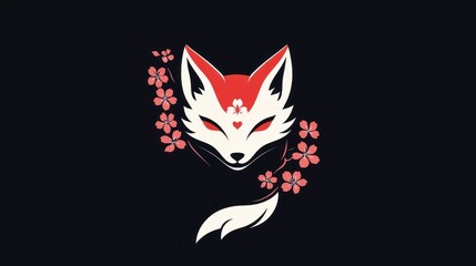 Fototapeta premium Minimalist fox head icon with blossom branches, against dark backdrop, perfect for logo design or decoration