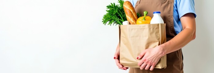 Food delivery man holding craft bag with bottle of milk, french loaf, shallot onion on white background. Horizontal concept of food delivery from supermarkets to home