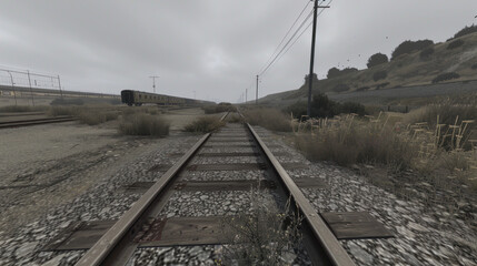 Obraz premium view of disused railroad tracks decorated with grass and clouds