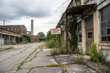 An abandoned industrial area with overgrown vegetation, worn pavement, and decaying buildings, evoking a sense of neglect and the passage of time.