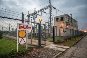 A fenced electrical facility with warning signs, showcasing high voltage equipment under a cloudy sky.