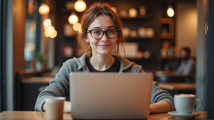 Young Woman Working on Laptop in Cozy Cafe with Coffee