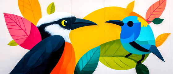 Obraz premium A vibrant mural featuring two colorful birds surrounded by leaves and a bright yellow background.