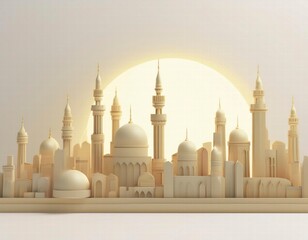 Obraz premium 3D serene cityscape of mosques and minarets bathed in the warm glow of a rising sun