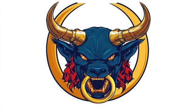 Angry blue bull with golden horns, ring on nose on white background, for logo, t-shirt print