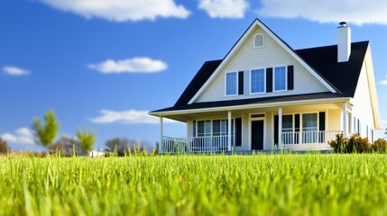 Beautiful suburban house with green lawn under a clear blue sky and fluffy clouds in the background