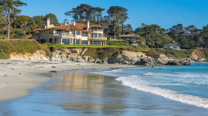 Obraz premium luxurious beachfront mansion in scenic coastal setting