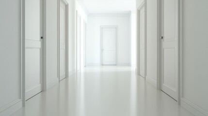 Bright and minimalistic hallway with white walls and doors leading to an open door at the end