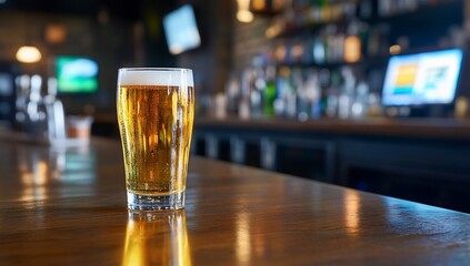 A refreshing pint of beer on a polished wooden bar in a lively pub