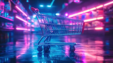 Empty shopping cart in neon-lit supermarket aisle at night (1)