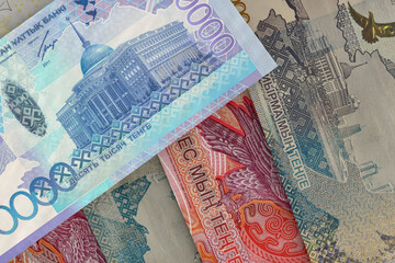 Kazakhstani tenge banknotes. Currency market. Financial concept